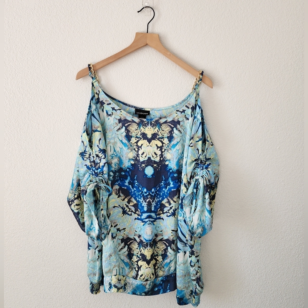 Lane Bryant Sz. 22/24 Blue Floral Cold Shoulder Causal Blouse